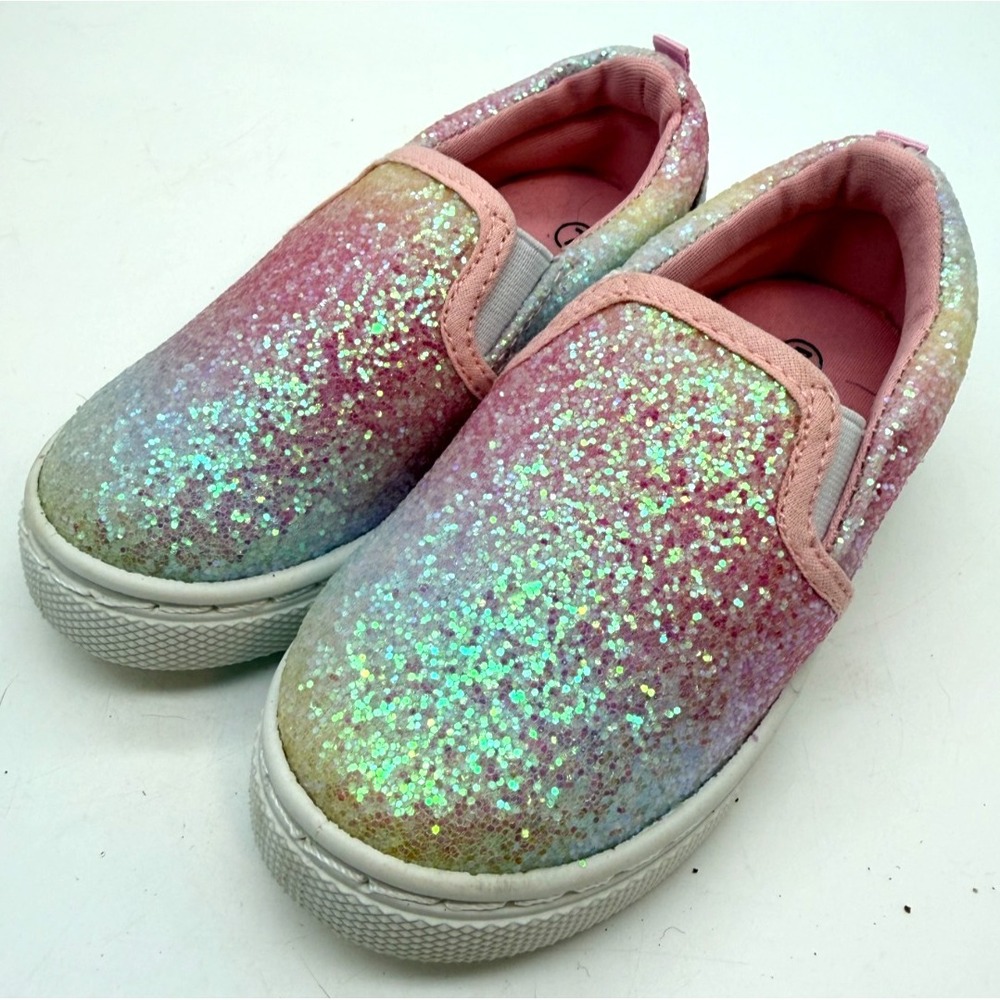 Unbranded Pink Rainbow Glitter Slip On Sneakers Toddler Sparkly | Girl's Size 7 - Picture 4 of 8